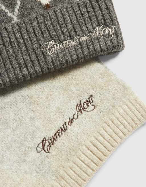 River Island Argyle cold weather scarf and beanie set in grey, 3 of 4