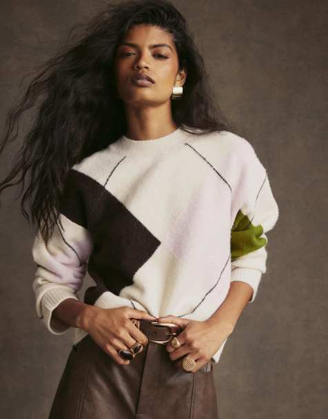 River Island Argyle crew neck oversized jumper in cream - view 1