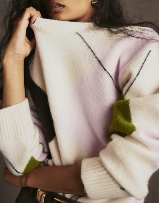 River Island Argyle crew neck oversized jumper in cream, 3 of 4