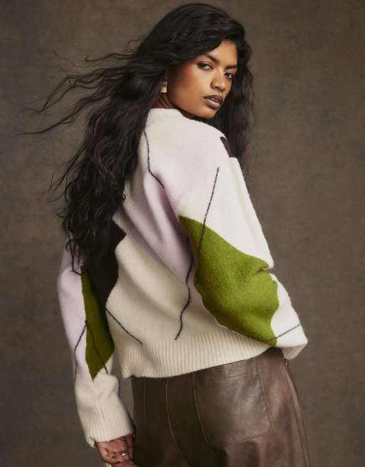 River Island Argyle crew neck oversized jumper in cream, 4 of 4