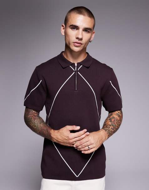 River Island argyle detail knitted polo in dark purple