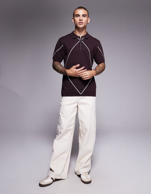 River Island argyle detail knitted polo in dark purple, 2 of 5