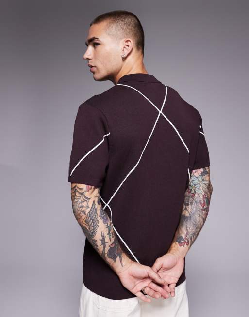 River Island argyle detail knitted polo in dark purple, 3 of 5