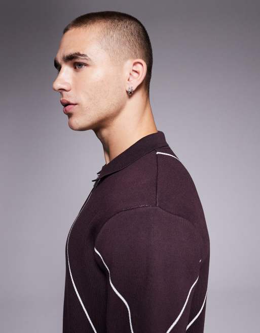 River Island argyle detail knitted polo in dark purple, 4 of 5