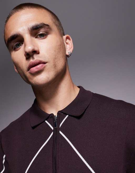 River Island argyle detail knitted polo in dark purple, 5 of 5
