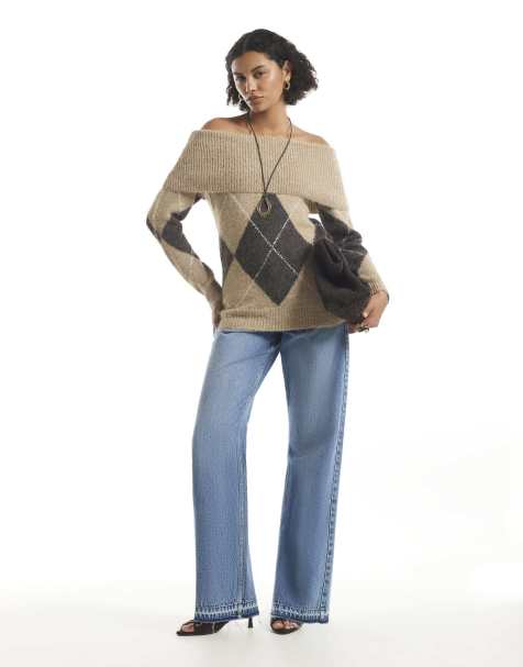 River Island Argyle knit bardot jumper in beige - view 1