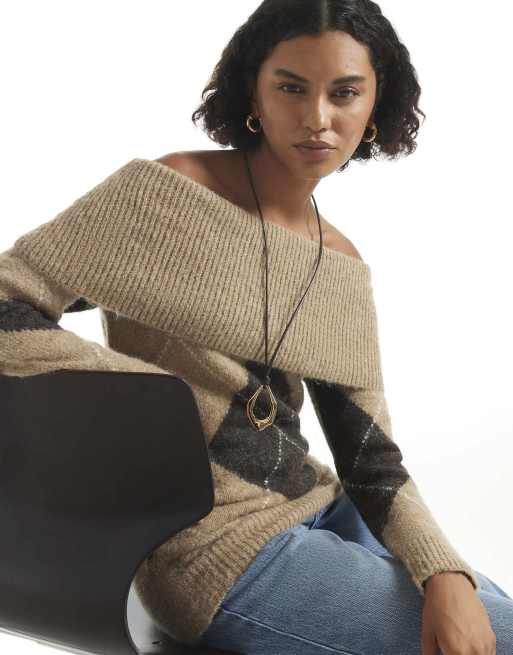 River Island Argyle knit bardot jumper in beige, 2 of 4