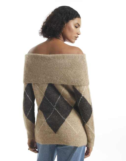 River Island Argyle knit bardot jumper in beige, 4 of 4