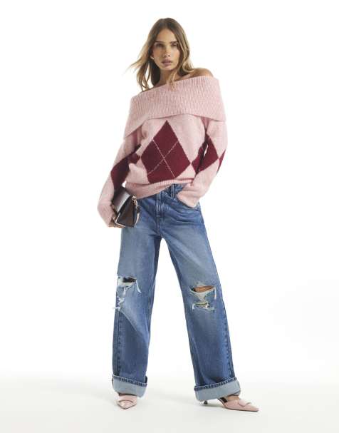 River Island Argyle knit bardot jumper in pink - view 1