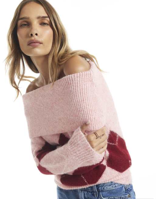 River Island Argyle knit bardot jumper in pink, 3 of 4