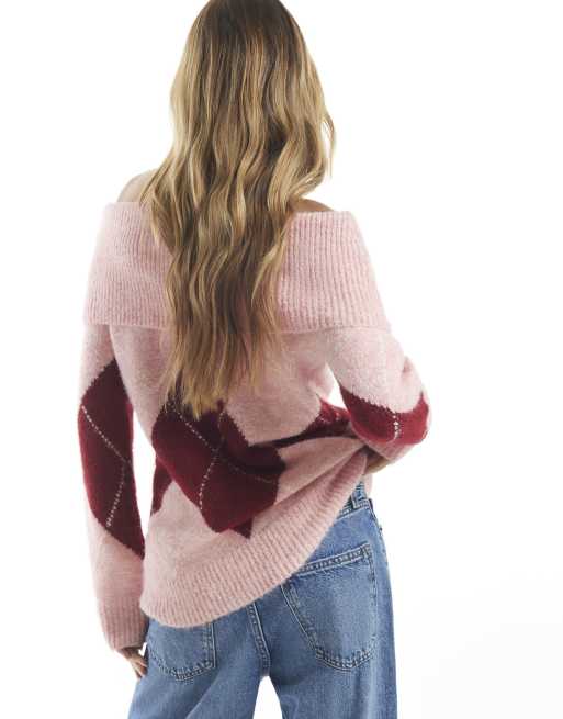 River Island Argyle knit bardot jumper in pink, 4 of 4