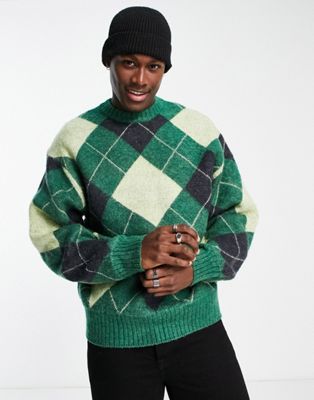 River Island argyle oversized crew knit jumper in green - ASOS Price Checker