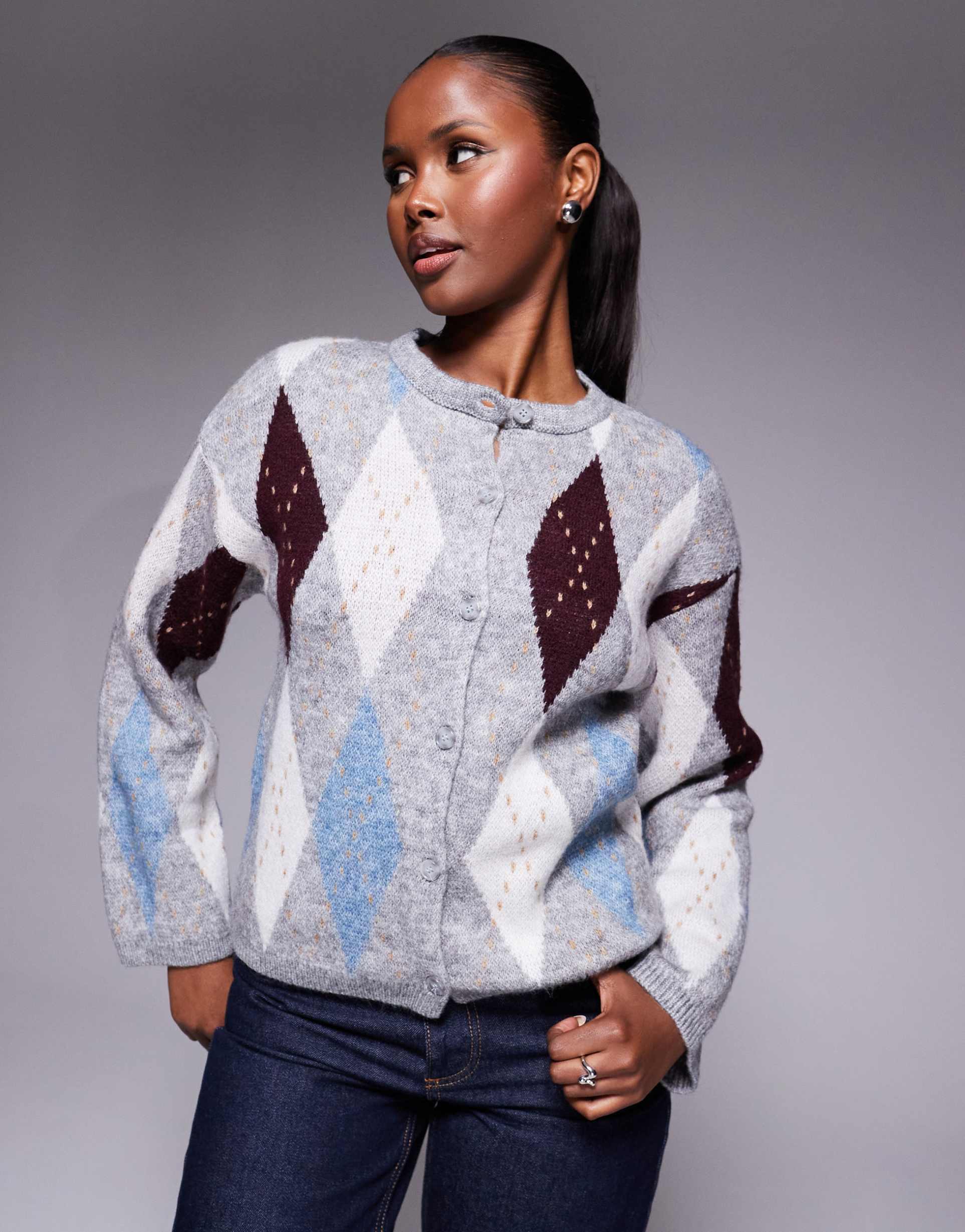 river island argyle pattern cardigan in dark gray