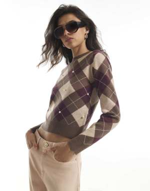 River Island Argyle pearl embellished jumper in brown