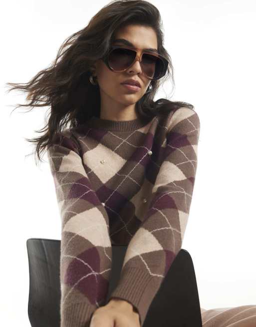 River Island Argyle pearl embellished jumper in brown, 2 of 4