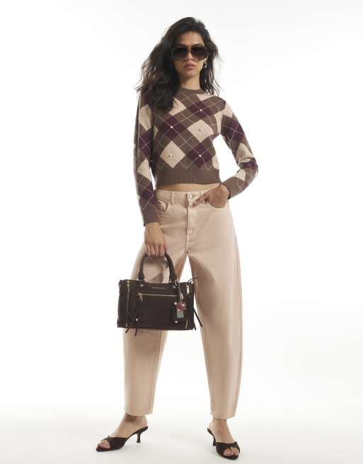 River Island Argyle pearl embellished jumper in brown, 3 of 4