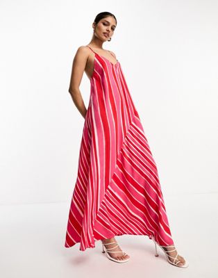 River Island asymetric stipe strappy maxi dress in pink