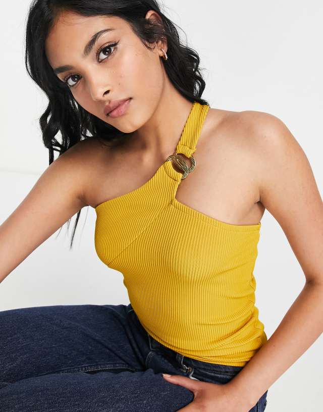 River Island asymmetric buckle strap top in yellow