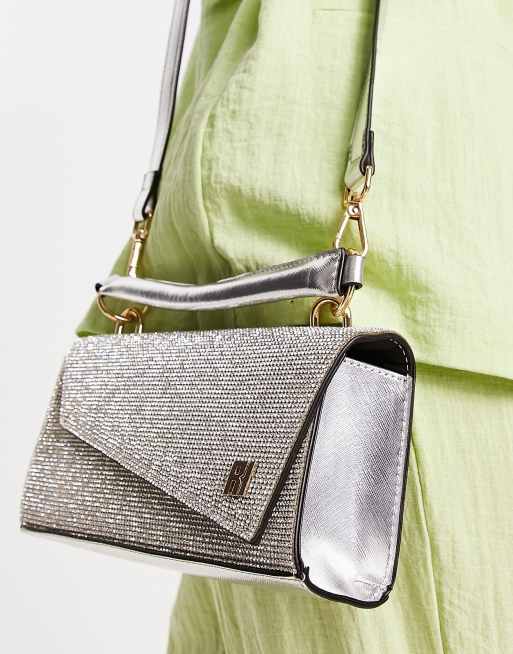 River Island asymmetric diamante detail cross body bag in silver ASOS