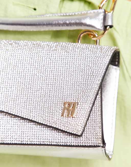 River Island asymmetric diamante detail cross body bag in silver, 2 of 4