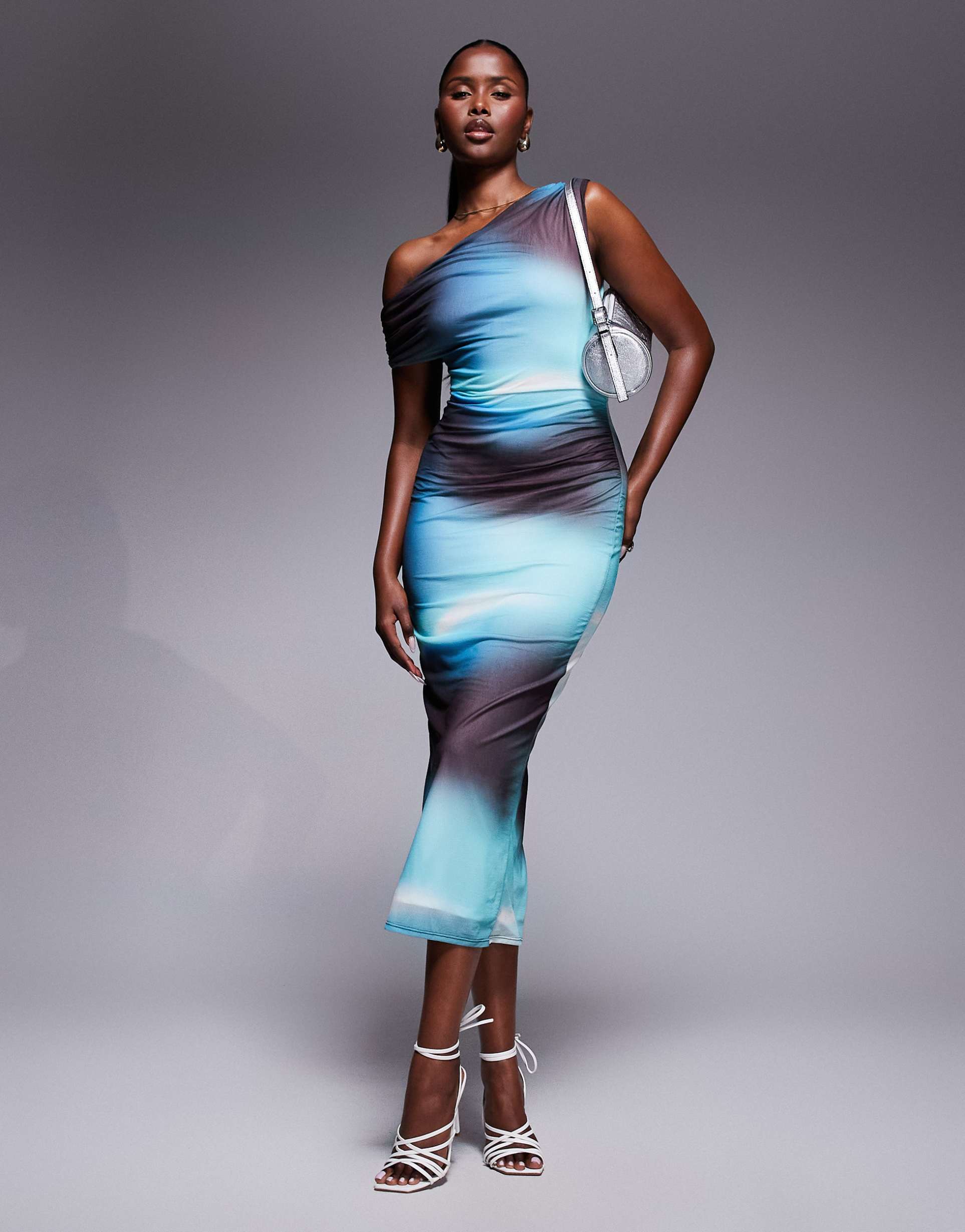 river island asymmetric drape mesh midi dress in ombre blue