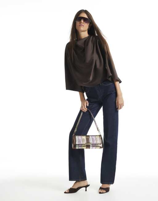 River Island Asymmetric draped top in brown, 3 of 4