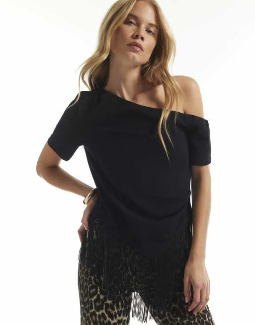 River Island Asymmetric fringe drape top in black, 2 of 4