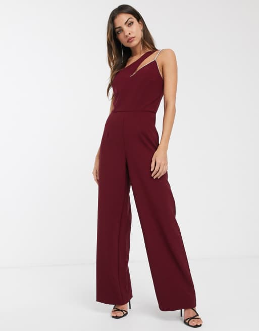 River Island asymmetric jumpsuit in dark red | ASOS