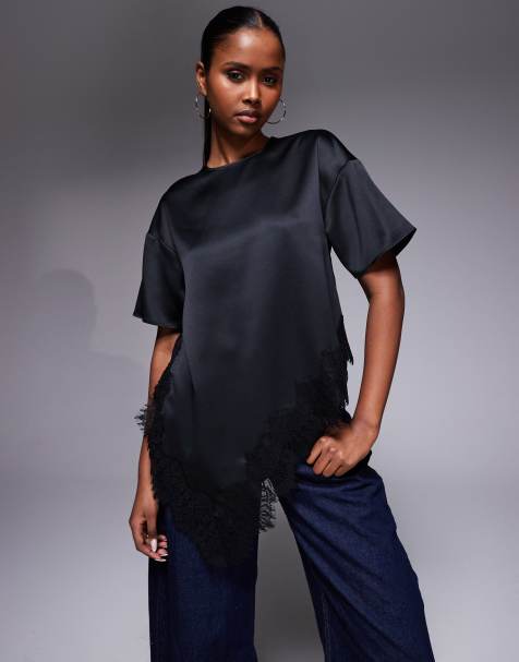 River Island asymmetric lace satin t-shirt in black - view 1