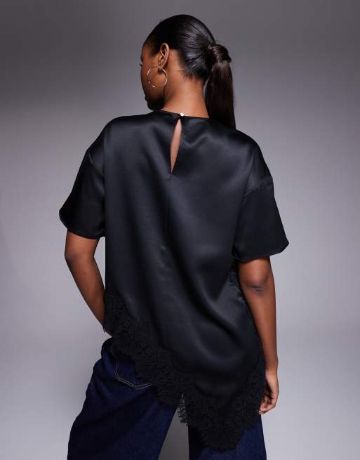 River Island asymmetric lace satin t-shirt in black  , 2 of 4