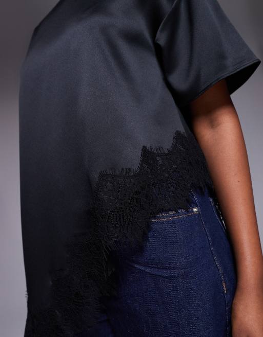 River Island asymmetric lace satin t-shirt in black  , 3 of 4
