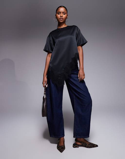 River Island asymmetric lace satin t-shirt in black  , 4 of 4