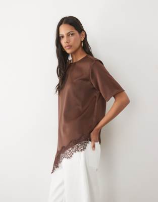 River Island Asymmetric Lace Satin T-shirt In Brown