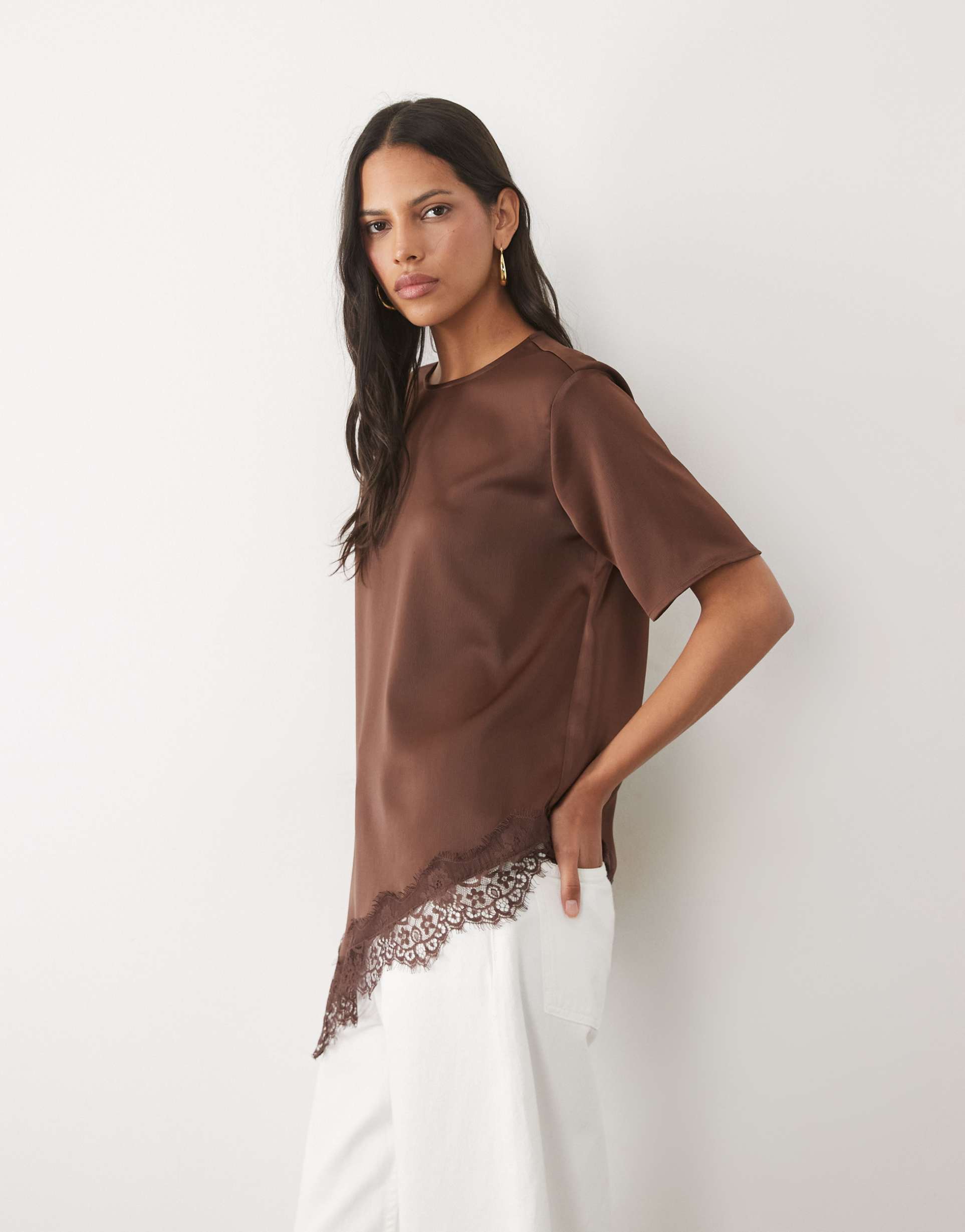 river island asymmetric lace satin t-shirt in dark brown