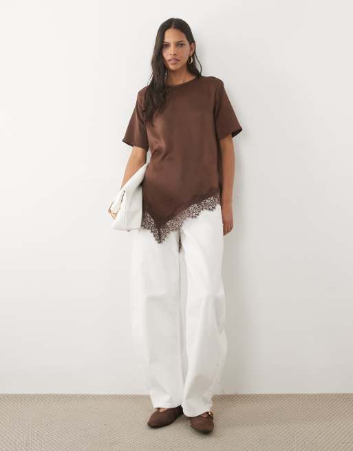 River Island asymmetric lace satin t-shirt in dark brown, 3 of 4