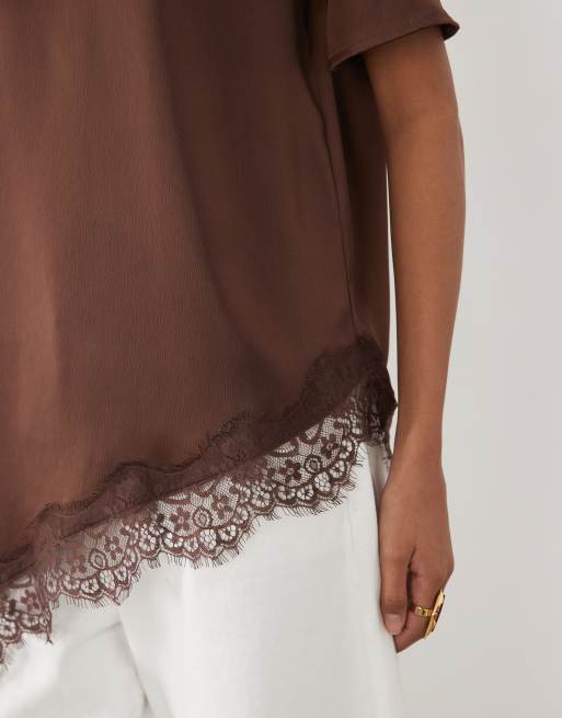 River Island asymmetric lace satin t-shirt in dark brown, 4 of 4