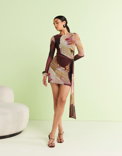 River Island asymmetric mesh tie side mini dress in burgundy