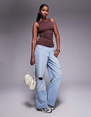 River Island Asymmetric Neck Detail Top In Brown