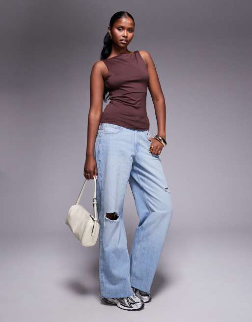 River Island asymmetric neck detail top in brown, 2 of 4