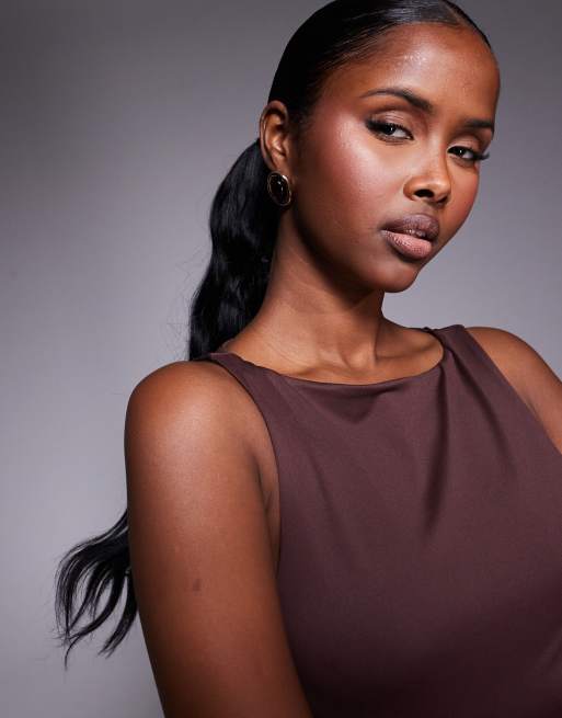 River Island asymmetric neck detail top in brown, 3 of 4
