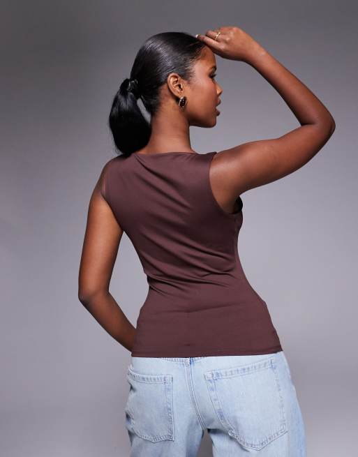 River Island asymmetric neck detail top in brown, 4 of 4