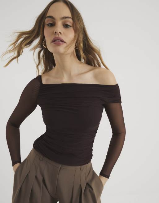 River Island asymmetric neck ruched mesh top in brown