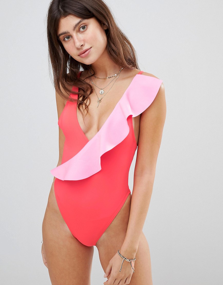 River Island Asymmetric Pink Frill Swimsuit-Red