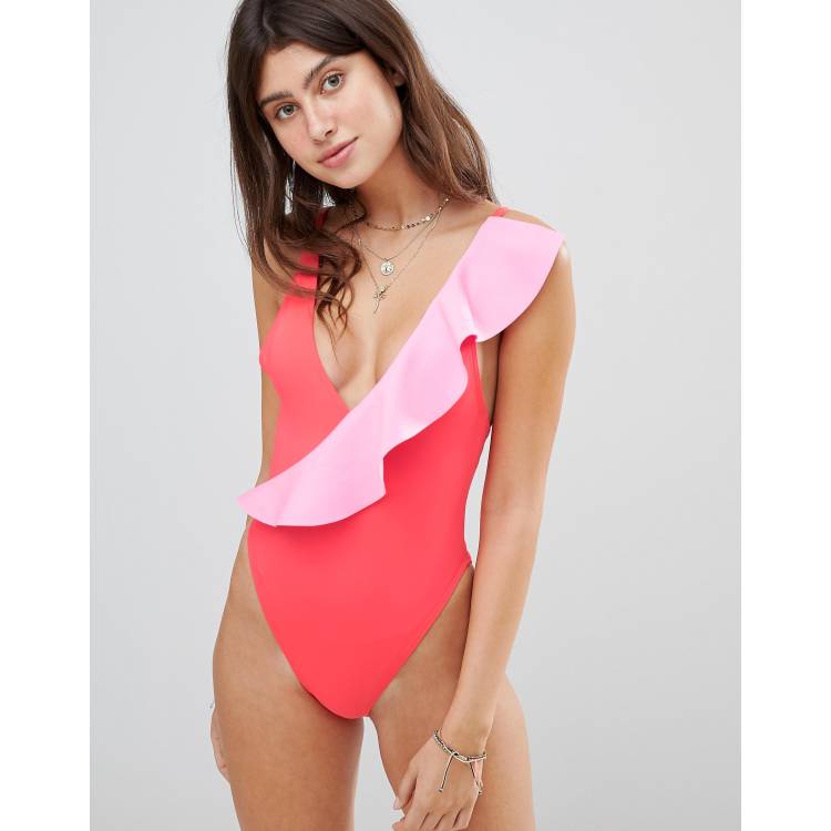 Asymmetric Ruffle Bodysuit - Pinktini