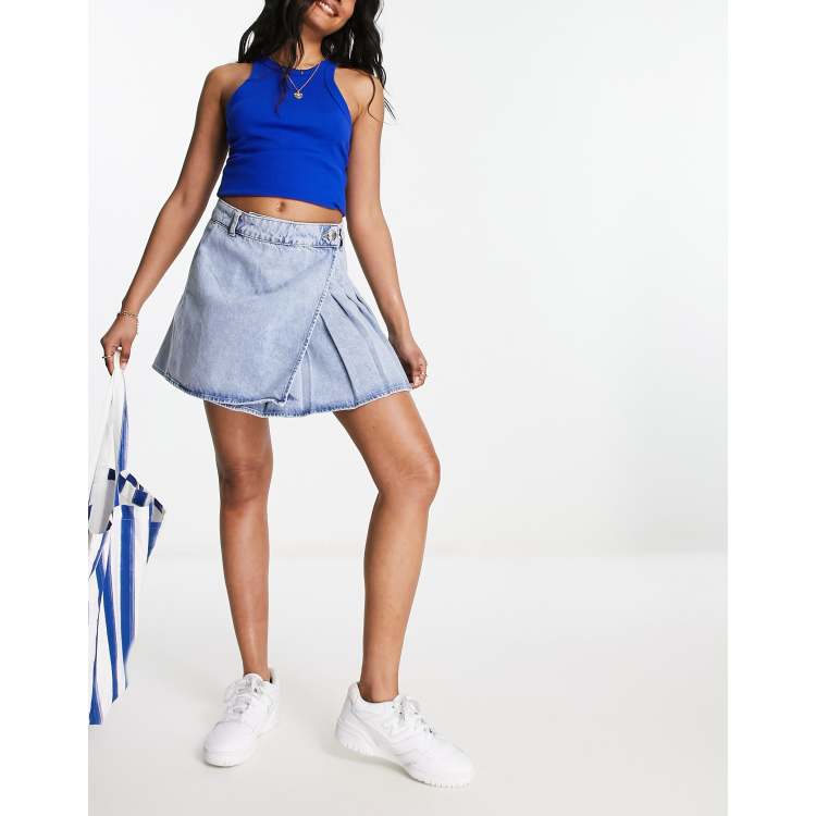 Asymmetric pleated denim on sale skirt