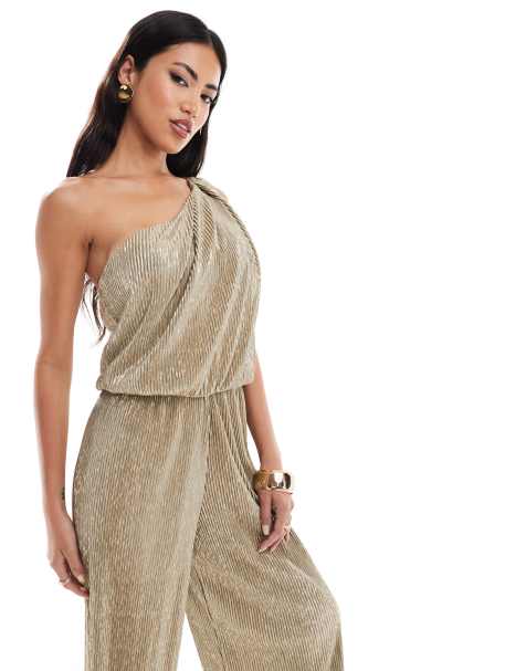 River Island asymmetric plisse jumpsuit in gold - view 1