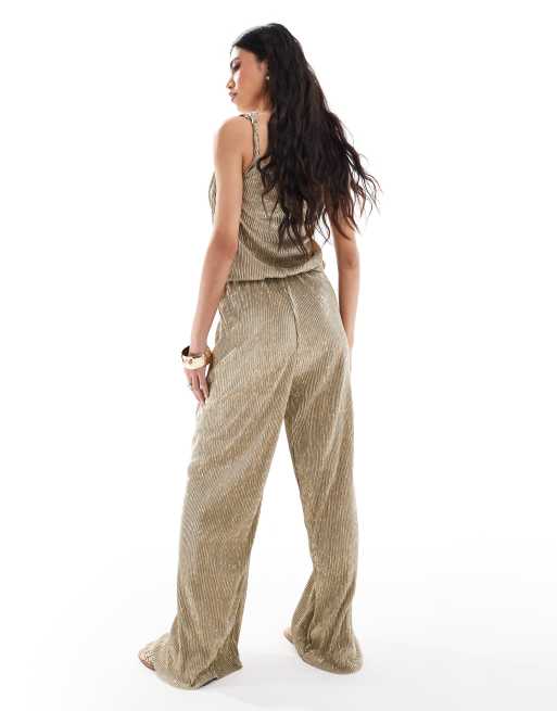 River Island asymmetric plisse jumpsuit in gold