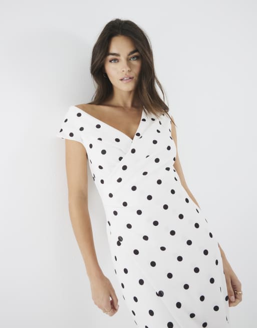 River Island Asymmetric polka dot wrap midi dress in cream