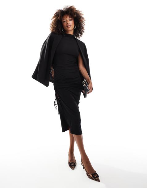 River Island asymmetric ruched midi dress in black - view 1
