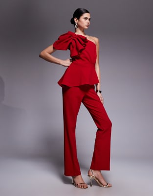 River Island Asymmetric Ruffle Jumpsuit In Red